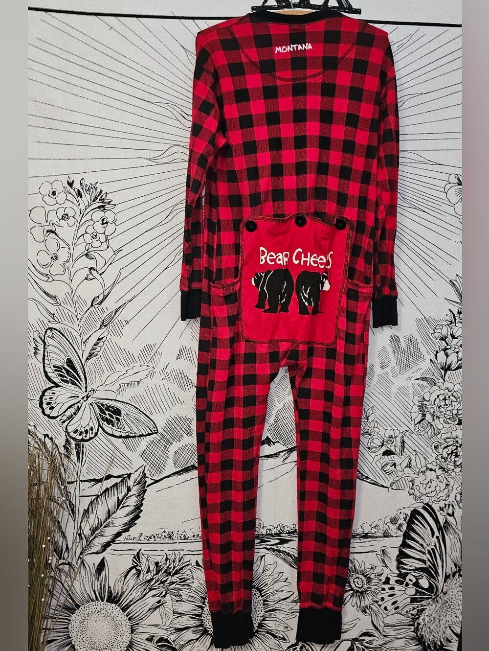 Lazy One "Bear Cheeks" Red Black Plaid Union Suit One Piece Pajamas Buttons